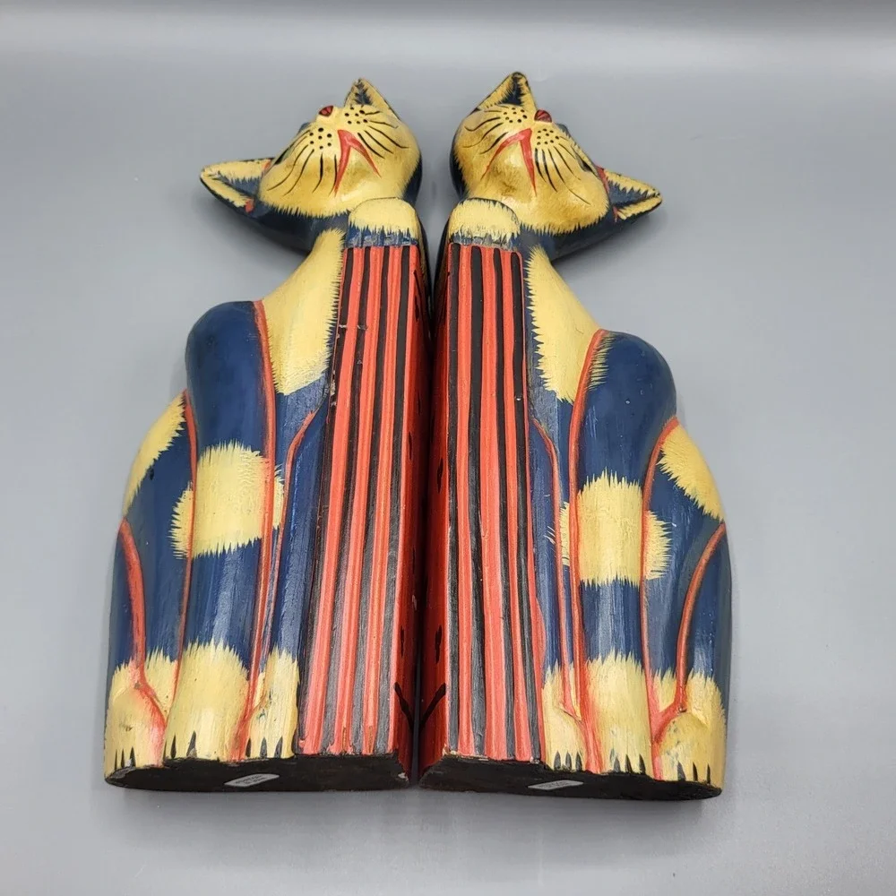 Wooden Cat Bookends Hand Painted Folk Art Colorful Shelf Decor Blue Yellow Red
